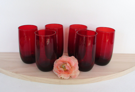 Vintage 6 Royal Ruby Red Whisky Glasses, 8 Oz Tumblers, Anchor Hocking Glass, Made in The Usa