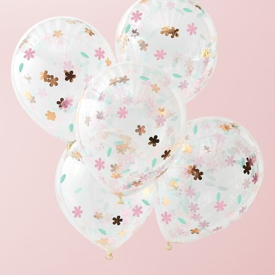 5 Rose Gold Floral Confetti Balloons, Birthday Party Decorations, Tea