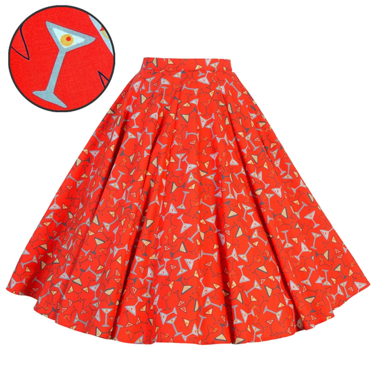 Shaken Not Stirred Circle Skirt By Miss Fortune. Retro Martini Cocktail Glass Novelty Print, With A Pocket