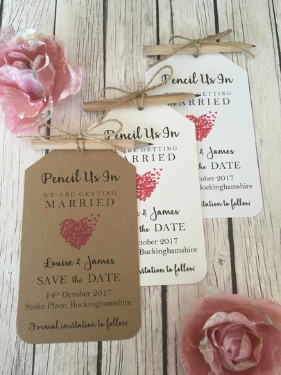 Save The Date Vintage/Rustic Pencil Us in Red Heart Wedding Tags, Pencil, Twine