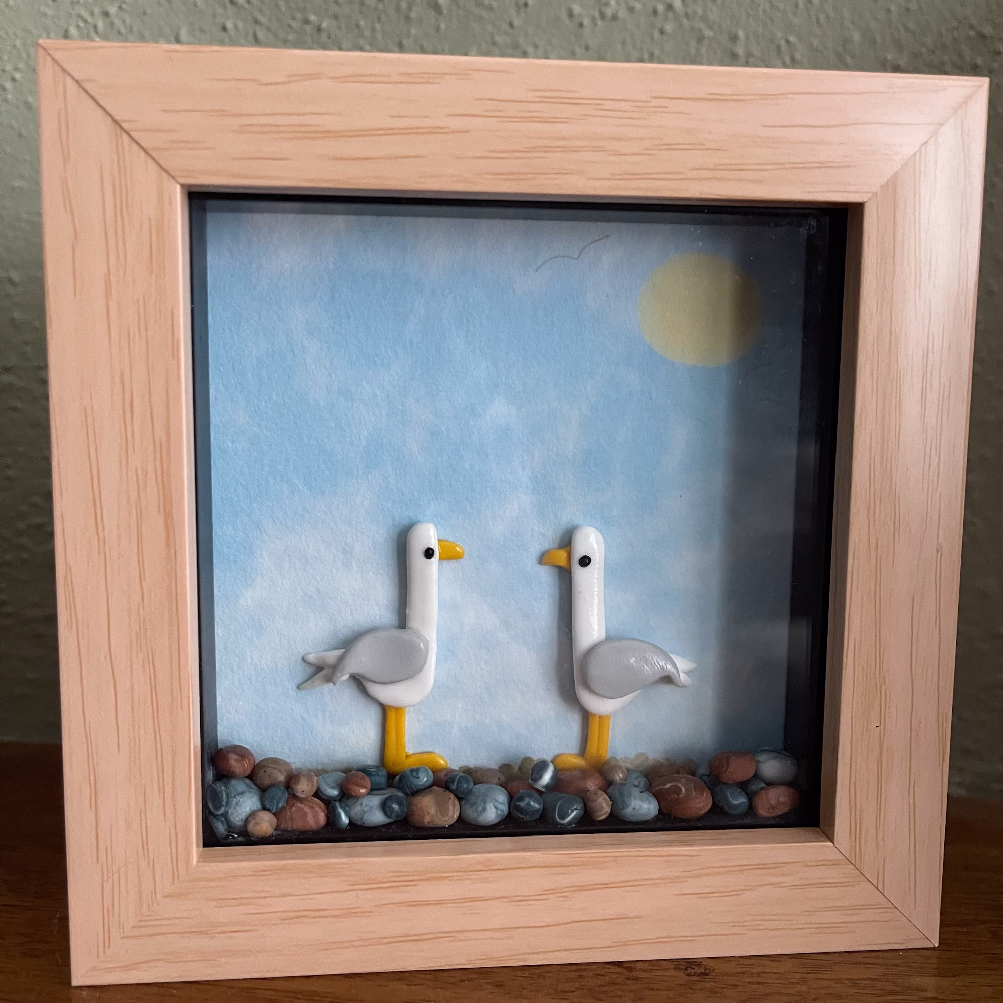 Polymer Clay Seagull Wall Art, Box Frame Beach Scene, Gift For Friend, Choice Of Colour
