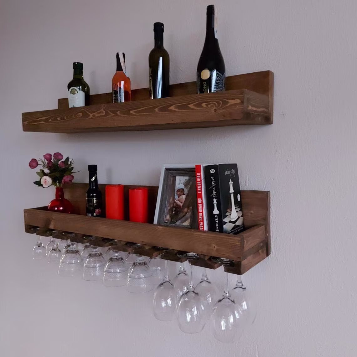 Wooden Wine Rack, Kitchen Shelf, Set Of 2 Shelves, Rustic Glass Holder, 16 Glasses 20 Bottles Capacity