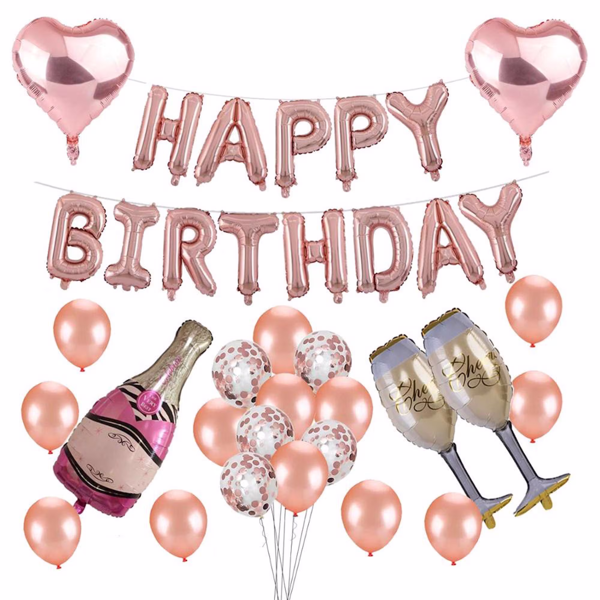 Rose Gold Party Decoration Set With Champagne Bottle, Happy Birthday