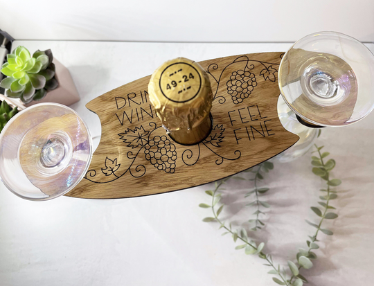 Drink Wine Feel Fine Personalized Caddy - Butler Wood Glass Holder Housewarming Hostess Wedding Valentines Day
