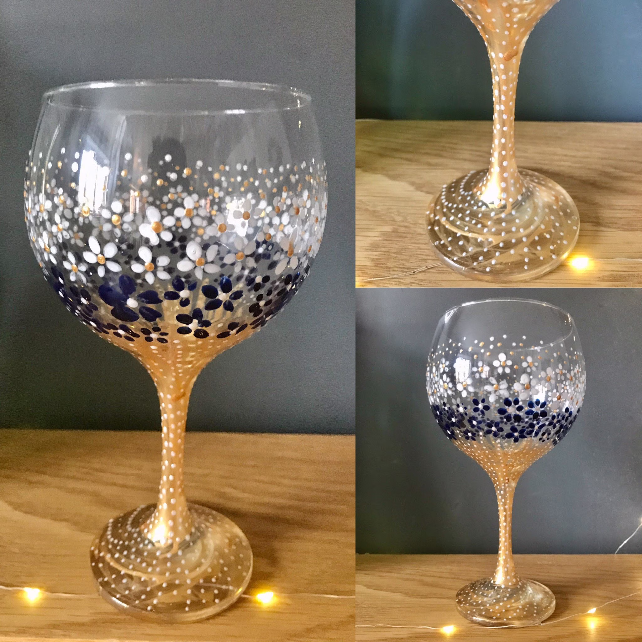 Beautiful Hand Painted Gin Balloon. Ideal Gift. Quirky & Unique. Gold, Blue White. Stunning Glass
