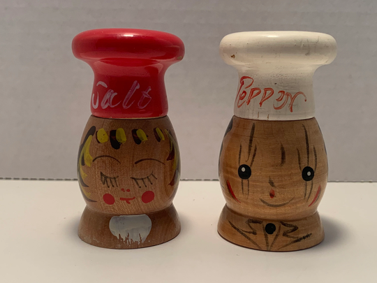 Vintage Wooden Mr. & Mrs Chef Salt Pepper Shakers, Hand Painted Chefs Shakers
