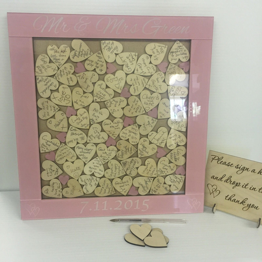 Personalised Candy Floss Pink Acrylic Wedding Guest Book Drop Box Hearts Rustic Vintage Guestbook Alternative Wooden Dropbox