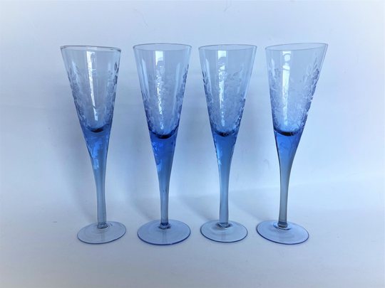 Forget Me Not - Set Of Blue Flue Glasses Engraved Champagne Botanical Flower Glass Decorative Flute Floral Summer