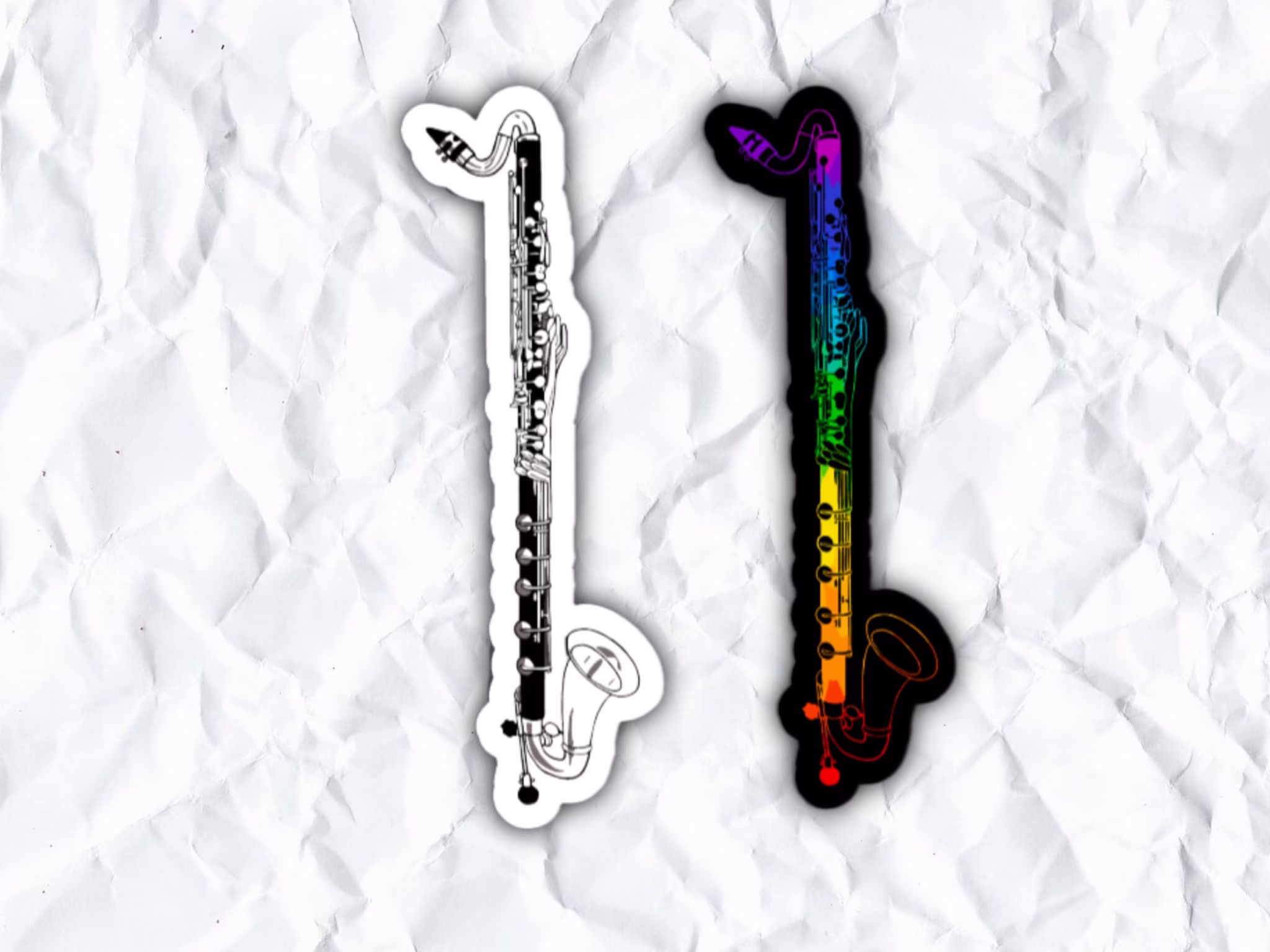 Bass Clarinet Stickers, Magnets, Black & White, Rainbow, Water Proof, Uv Resistant, Band, Orchestra, Classical Music, Woodwinds, Gift