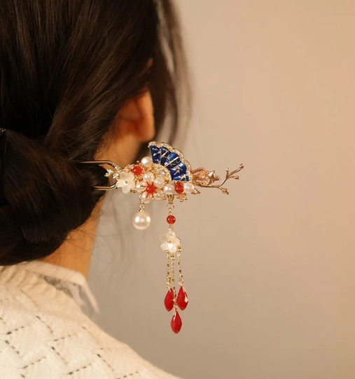 Red Hair Fork, Flower Stick, U Shaped Pin, Chinese Pins, Metal Comb, Hanfu Hairpin, Step Shake Accessories