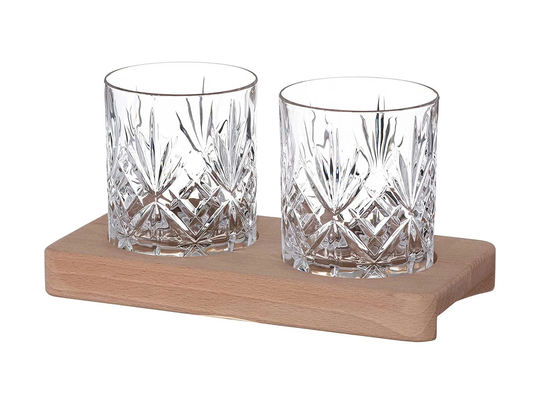 Diamante Chatsworth Whisky Tumblers With Tray - Premium Lead Free Crystal Set Of 2 Wooden Serving