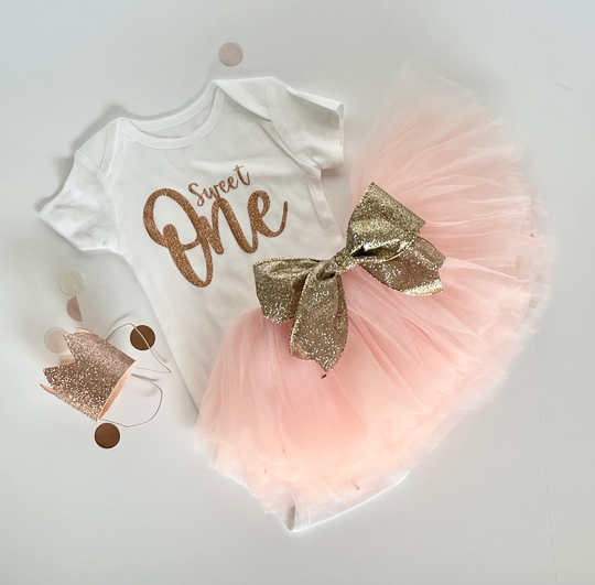 Sweet One Birthday Outfit, Pink & Gold Outfit, Gold Bodysuit With Tutu Removable Glitter Bow