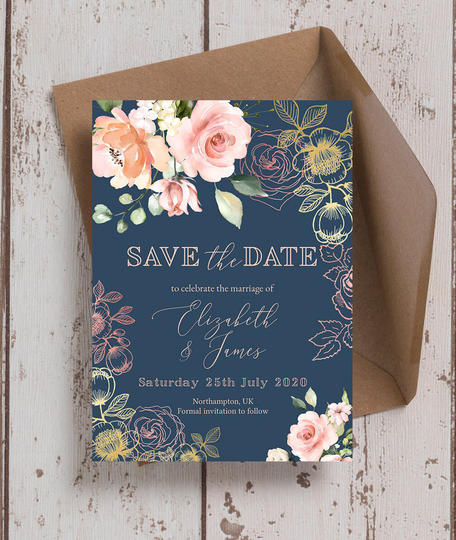 Navy, Blush & Rose Gold Wedding Save The Date Cards & Envelopes