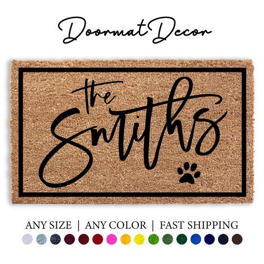 Personalized Name Doormat Border, Paw Print, Dog Pet Gift, Flocked Coir Door Mat, Welcome Wedding Realtor Client Outdoor Rug