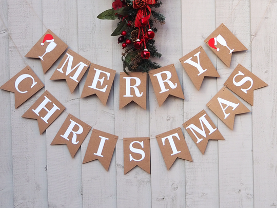 Merry Christmas Bunting, Rustic Holiday Decorations, Country, Farmhouse, Urban, Bar, Office Christmas, Wall Hanging