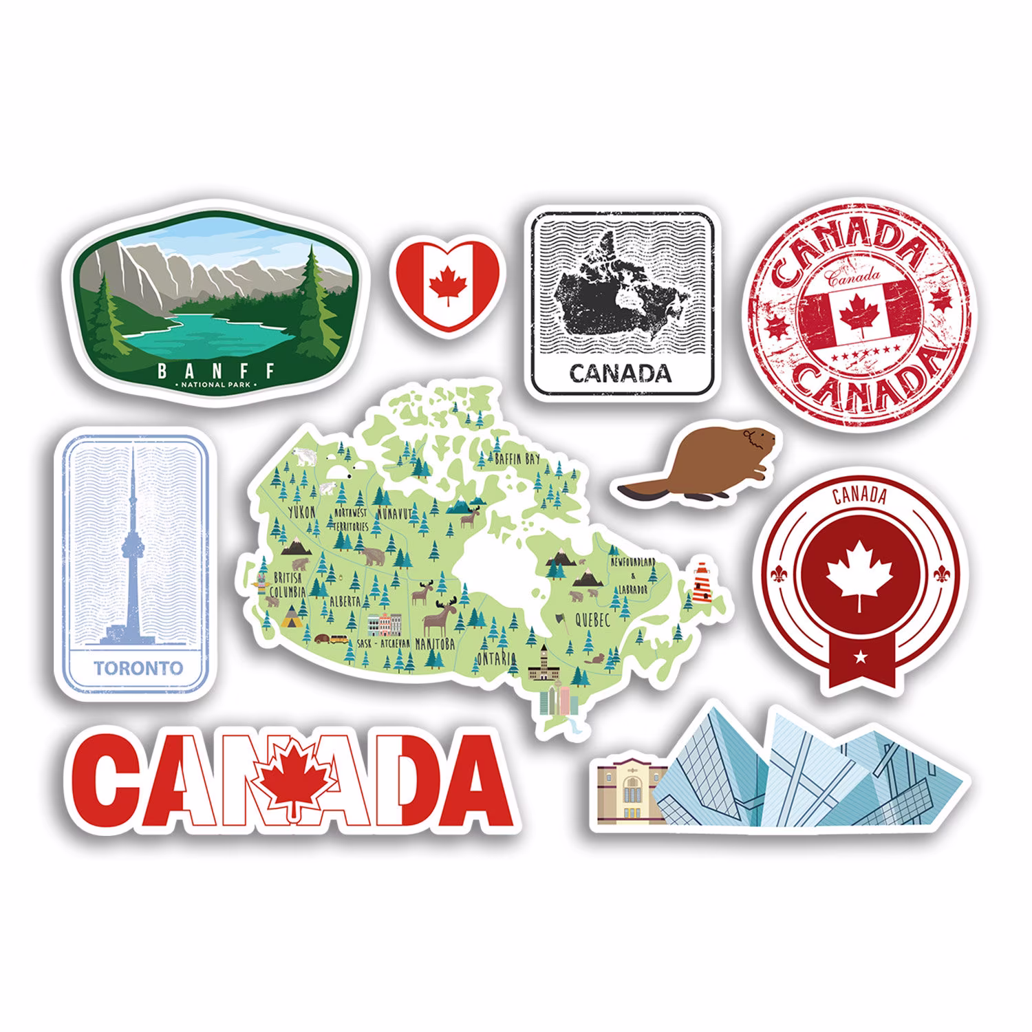 A5 Sticker Sheet Canada Landmarks Vinyl Stickers - Canadian Map Airport Stamps Skyline Flag Travel Holiday Culture City Aesthetic #78479