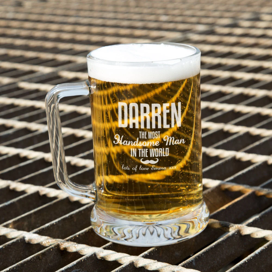 Unique Most Handsome Man Glass Beer Tankard. Special Gifts For Husband, Boyfriend. Great Birthday Gift Idea. Personalized Engraved Tankard