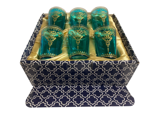 Marrakech Tea Time Moroccan Style Glasses Set Of 6 in A Giftbox Turquoise Teal Gold