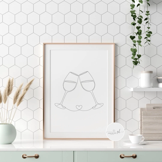 Wine Glasses Line Drawing Print | Champagne Alcohol Art Kitchen Home Decor Monochrome Minimalistic Cheers