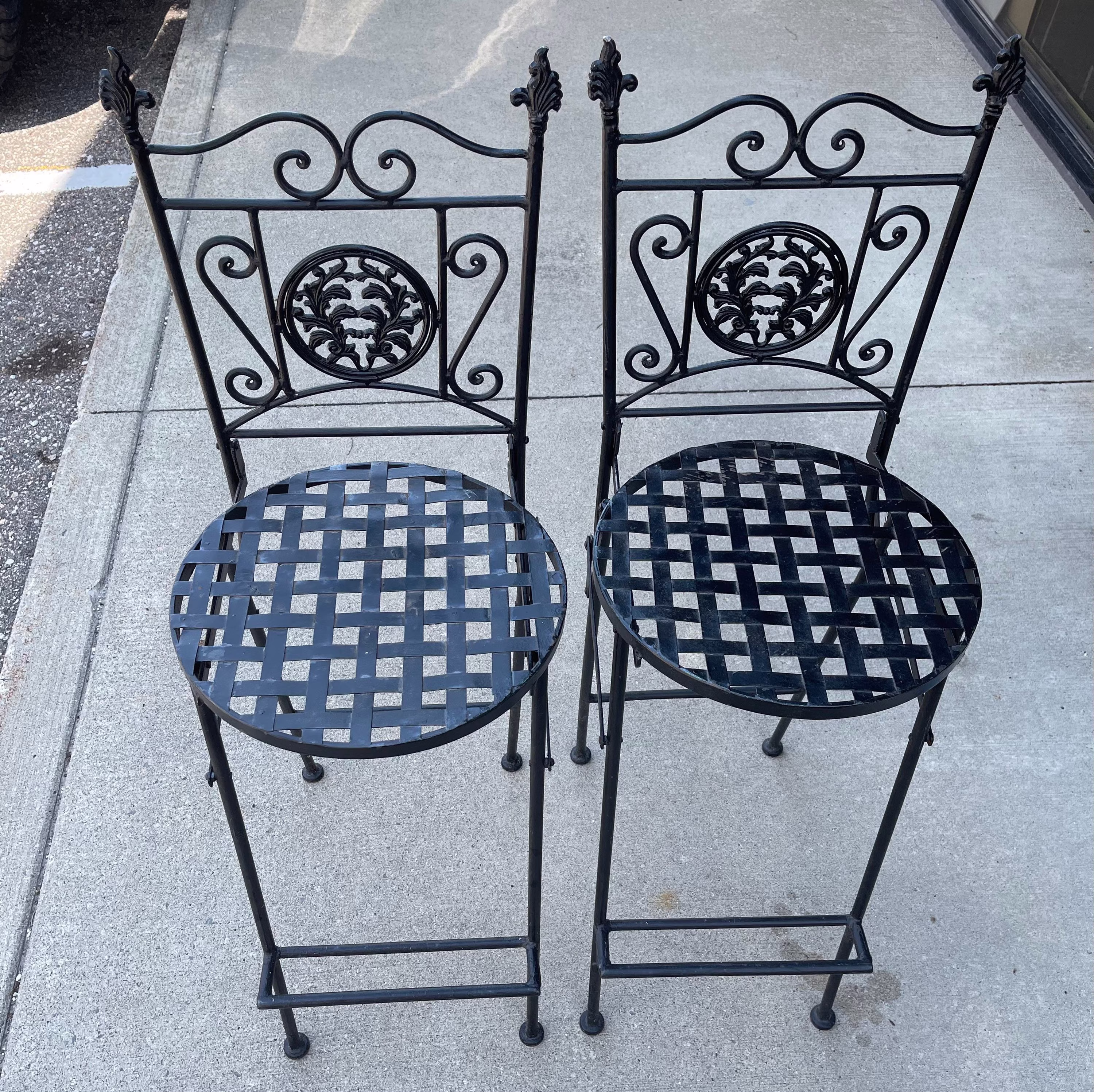 Antique Wrought Iron Ornate French Folding Bar Stools
