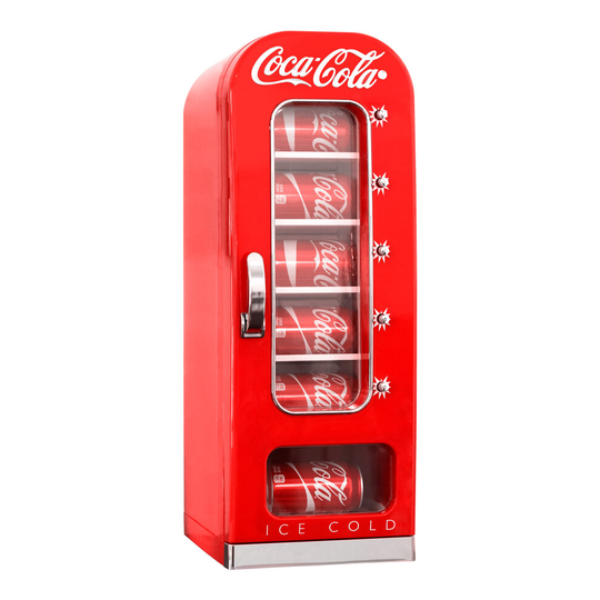 Coca-Cola Retro Vending Machine Style 10 Can Mini Fridge, 12V DC/220V AC with tall window display for home, dorm, office, games room