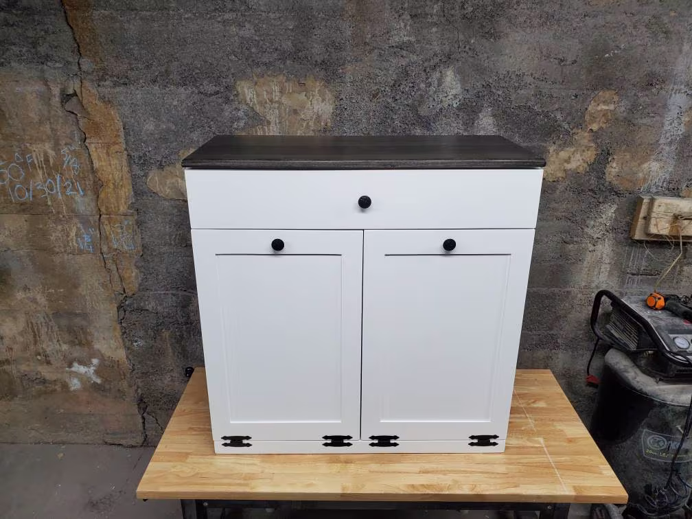 Double Trash Cabinet With Drawer, White