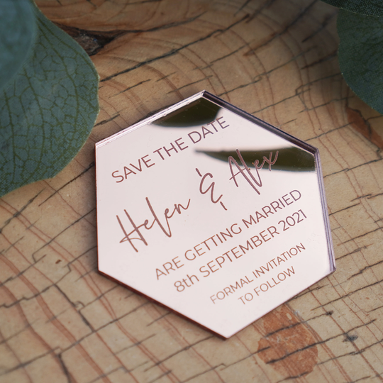 Save The Date Magnet, Acrylic Wedding Invitations, Modern Elegant Stationary, Mirrored Hexagon Save The Date Card