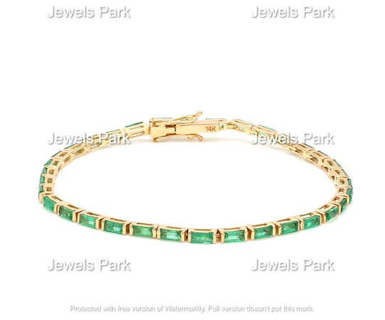 Natural Emerald Tennis Bracelet in Solid 14K 18K Gold, 4x2mm Baguette Cut Bar Set Bracelet, Green Chain Gold