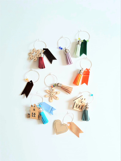 Wine Charm Set - Customizable & Semi Diy Leather, Wood, & Beads Multiple Charms With Each