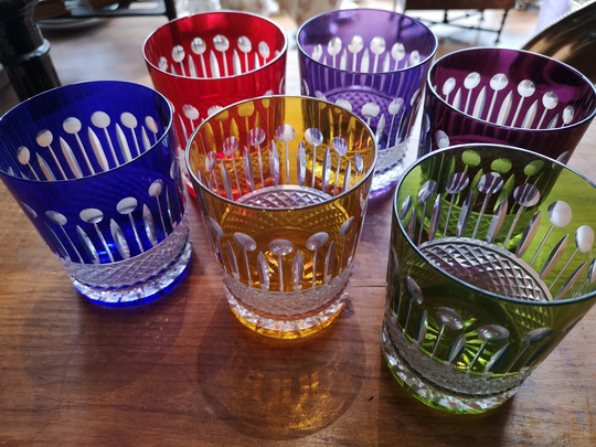 French Crystal Whisky Glasses Whiskey Cocktail Multicolor Colorful Fruit Juice Set Of 6 Yellow Green Purple Summer Table