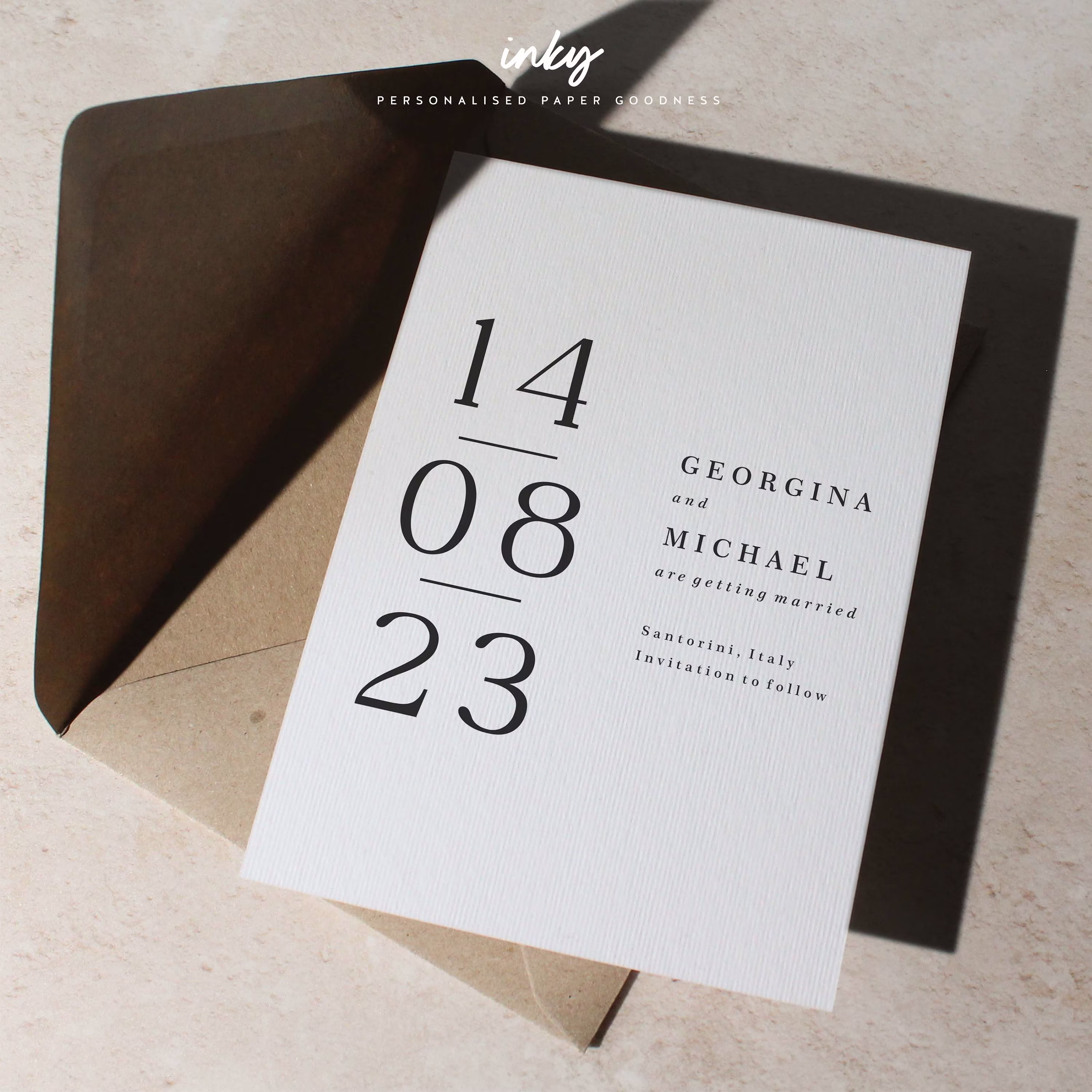 Simple Save The Date Postcard, Personalised Date, Typography Invitations, Invite, Modern, Santorini