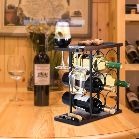 Durst 6 Bottle Floor Wine Bottle & Glass Rack in Black/Brown