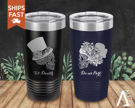 Sugar Skulls Wedding Tumbler Set, Bride & Groom Present, Halloween Wedding, Skull Mug, Gift, Free Shipping