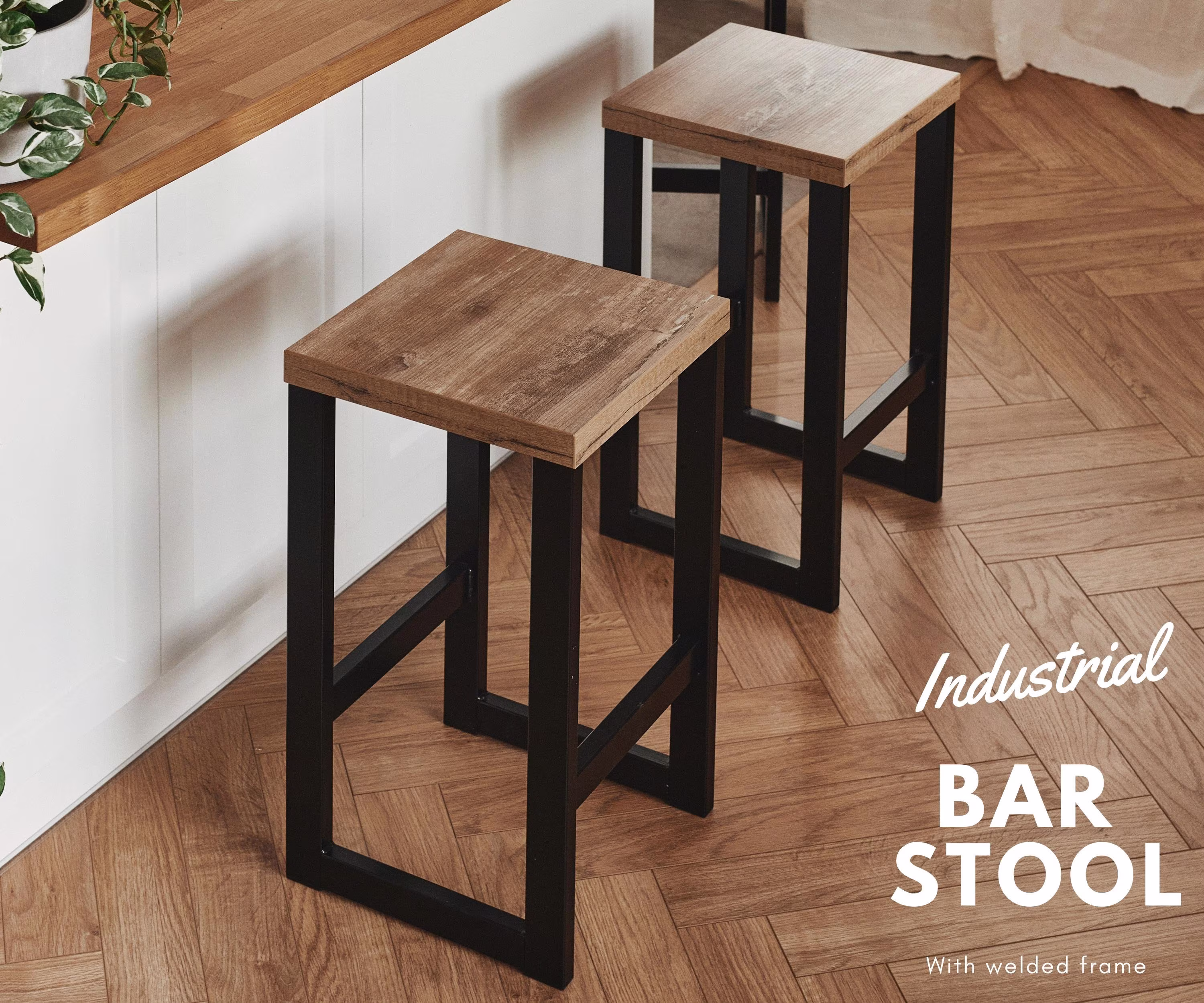 Bar Stool 60cm Welded Black Frame With Footrest For Kitchen Living Room Industrial Breakfast Stools Rustic Brown Wood Top