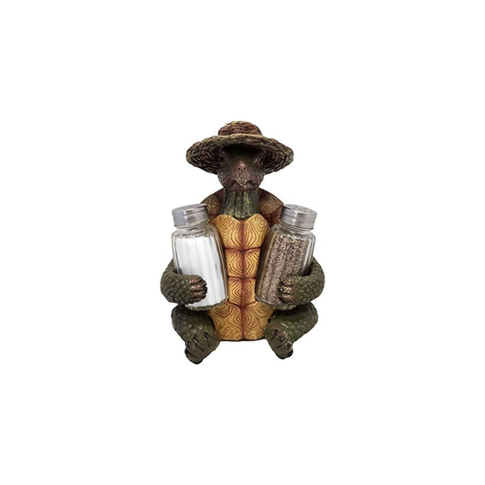 DWK 7-inch Turtle Soup Collectible Figurine with Straw Hat Salt and Pepper Shaker Holder Picnic and Kitchen 3-piece Set