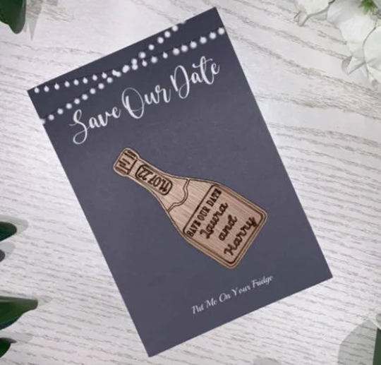 Wooden Champagne Bottle Save The Date Magnet & Card