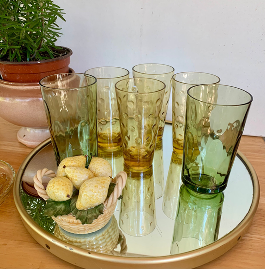 Mismatched Mcm Amber & Avocado Thumbprint Tumblers Cocktail Glasses Set Of 6