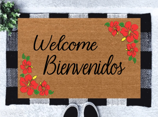 Welcome Mat, Bienvenidos, Doormat, Hibiscus, Personalized, Realtor Closing Gift, Housewarming Outdoor Rug, Wedding Gift