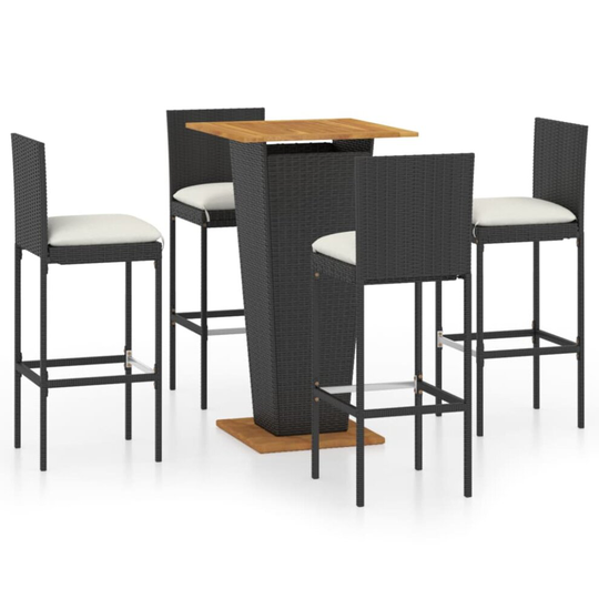 vidaXL Garden Bar Set 5 Piece with Cushions Poly Rattan Black Table and Chair