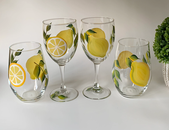 Painted Wine Glasses, Lemons & Lemon Slices, Sister in Law Gift, Godmother Summer Wedding Citrus Drink, Cocktail Glasses