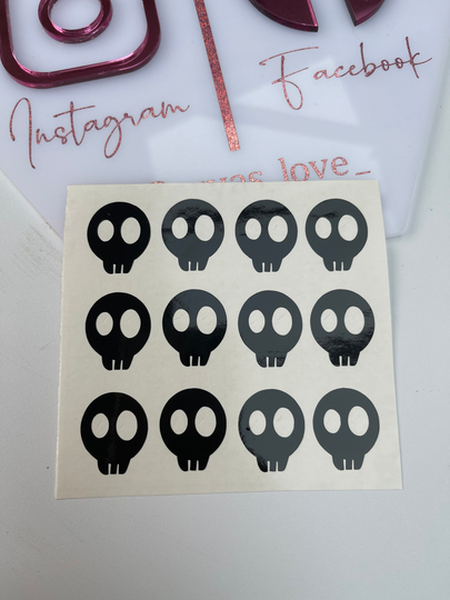 Set Of 12 Skull Self Adhesive Vinyl Sticker Decals. Halloween, Envelope Stickers. Water Bottle, Tumbler, Glass, Window, Party