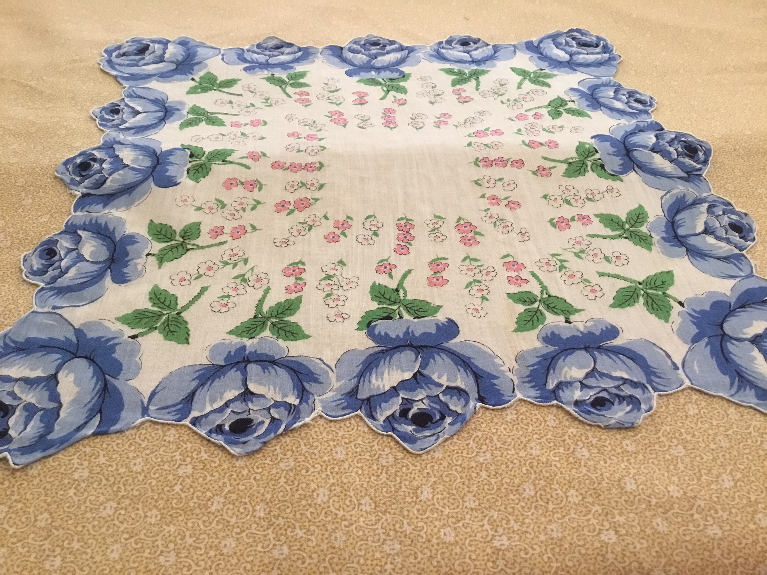 Vintage Handkerchief/Bright Blue Roses