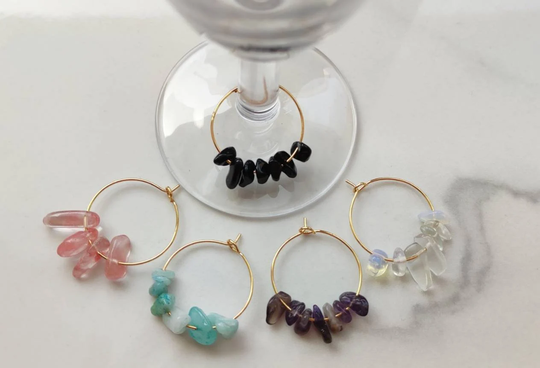 Gemstone Wine Glass Charms Set Of 5, Gold Plated Markers, Gemstone Charms, Drinkware, Housewarming Gift, Crystal Charm