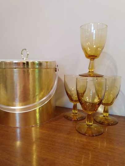 Bright Gold 1960's Ice Bucket Or Wine Chiller & Set Of Four Warm Amber Stemware
