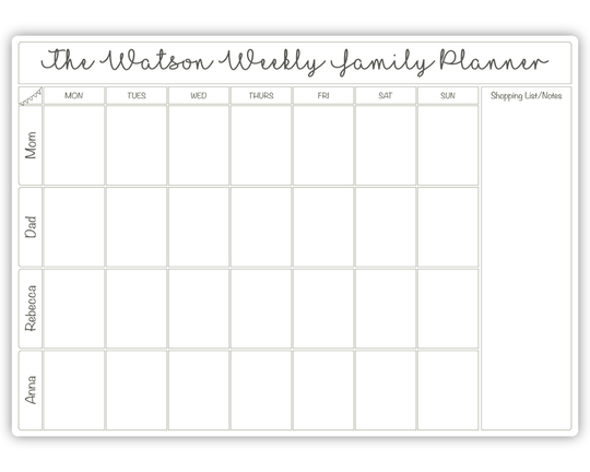 Personalised A4 Dry Wipe Whiteboard Weekly Family Planner - Write & Clean Wall Calendar Wipeable Erase Organiser