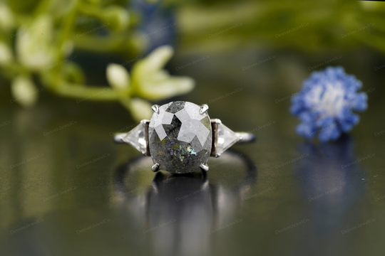 Salt & Pepper Three Stone Diamond Ring, Cushion Rose Cut Solitaire Engagement Triangle Moissanite Wedding Ring For Woman