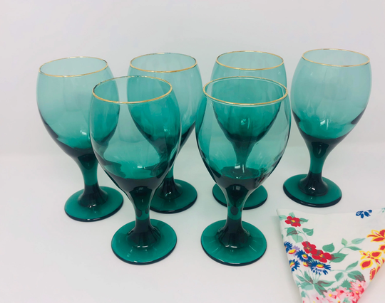 Libbey Teardrop Juniper Gold Trim Wine Glasses Set Of 6 Teal Tulip Bowl 1960S Barware