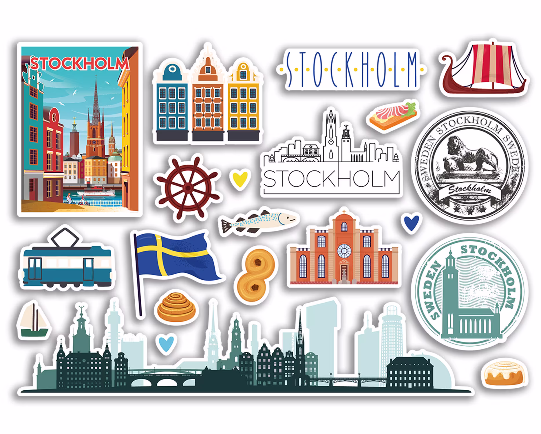 A5 Sticker Sheet Stockholm Landmarks Vinyl Stickers - Sweden Beach Airport Stamps Skyline Scrapbook Travel Holiday City Luggage #79123
