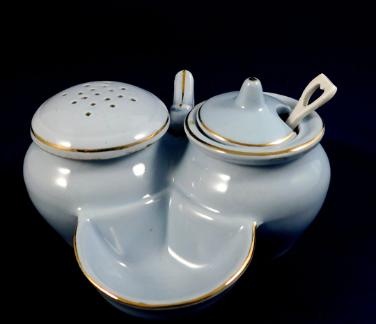 Unique Vintage Condiment Jar, 3 Sections, Shaker, Bowl, Dish & Spoon