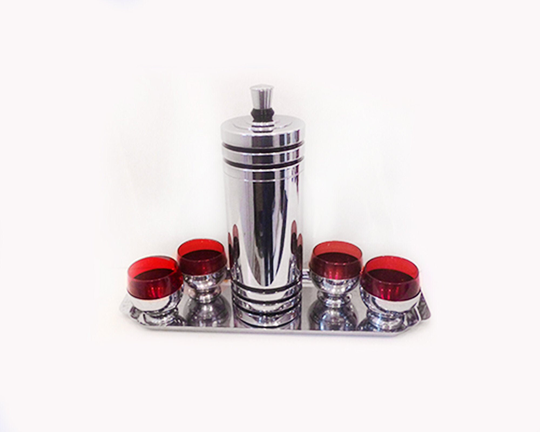 30's Chase Gaiety Cocktail Shaker Set with 4 Cups With Red Glass Inserts & Tray